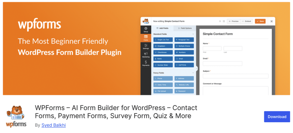 WPForms banner with an orange gradient and a screenshot of the form builder editor on the right side.