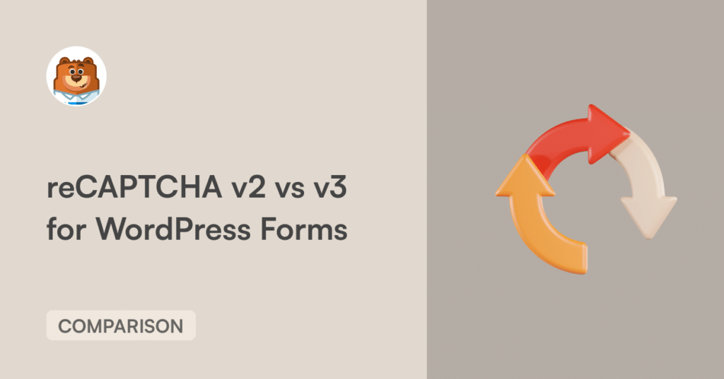 Split-screen infographic hero showing the title 'reCAPTCHA v2 vs v3 for WordPress Forms' with a small avatar on the left and a circular arrows icon on the right.