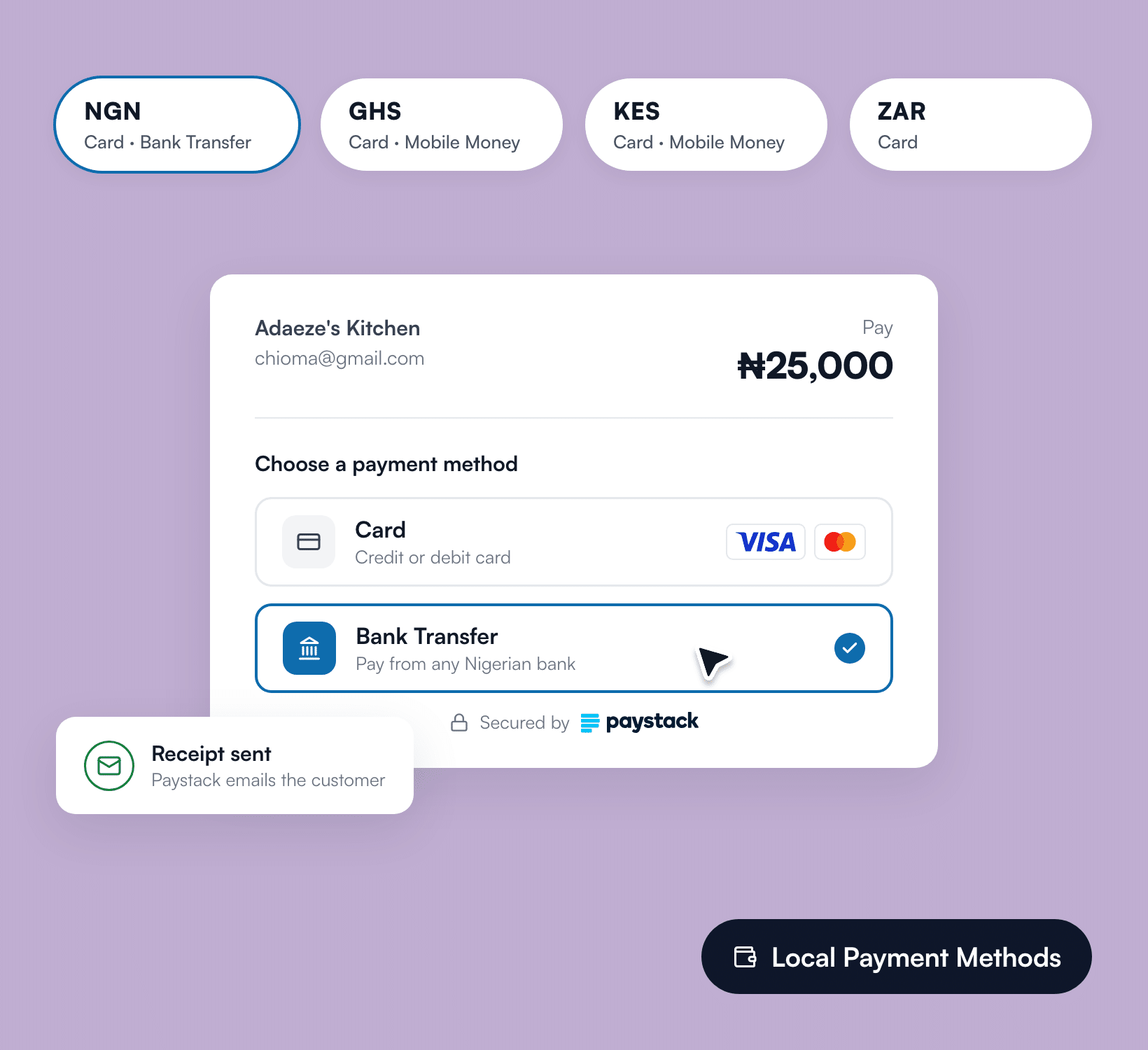 Customers paying by credit card, bank transfer, and mobile money
