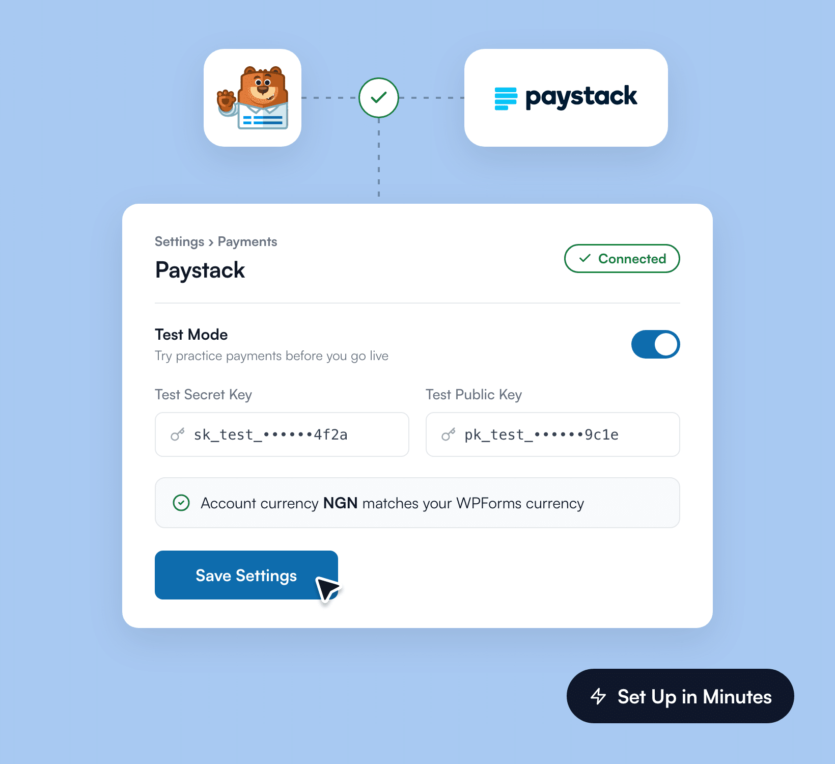 Connecting the Paystack WordPress plugin in WPForms settings