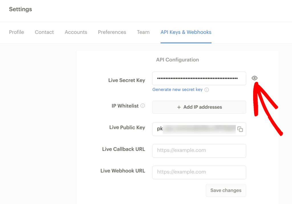 API Keys & Webhooks settings panel with Live Secret Key, IP whitelist, and URLs; eye icon to reveal secret