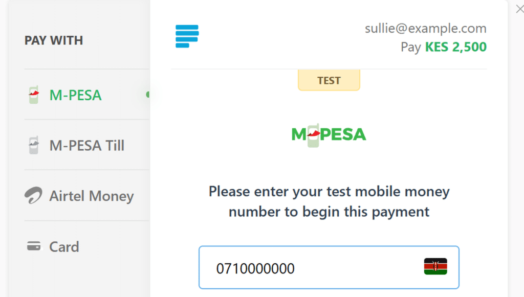 Interface de paiement avec les options M-PESA à gauche et un formulaire à droite pour payer 2 500 KES ; saisissez le numéro de mobile (drapeau kényan affiché).