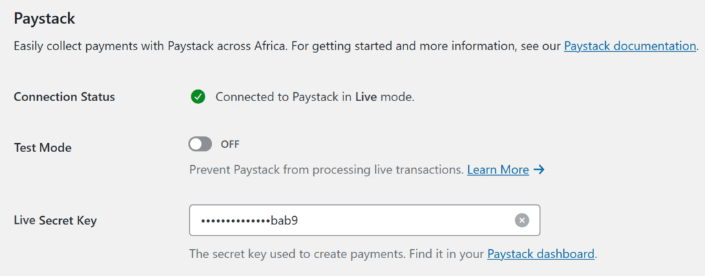 Paystack settings: Connected in Live mode; Test Mode OFF; masked Live Secret Key ending in bab9.