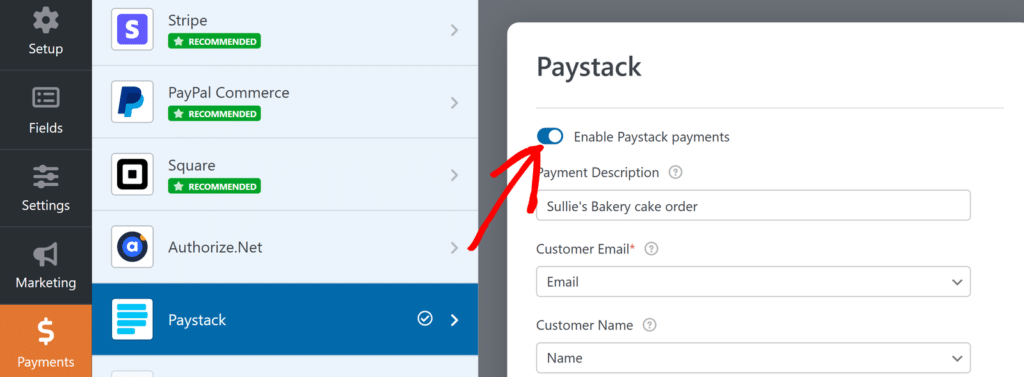 Tableau de bord montrant un menu de passerelle à gauche (Stripe, PayPal Commerce, Square, Authorize.Net, Paystack) avec Paystack sélectionné, et un panneau de droite pour activer les paiements Paystack comprenant des champs de description et de détails client.