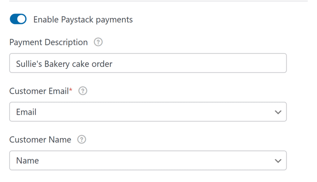 Toggle switch to enable Paystack payments with fields for description, email, and name below it