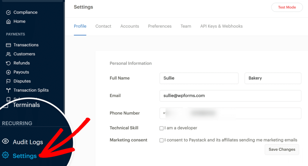 Settings page with a dark left navigation bar and a right panel showing Personal Information form (Full Name, Email, Phone) under the Profile tab.