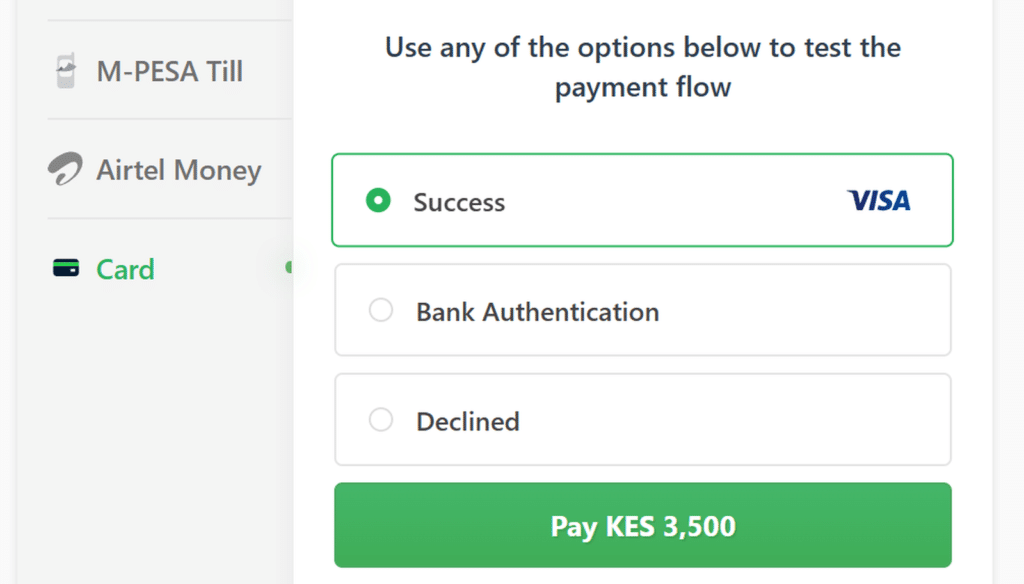 Test payment flow with options: Success (Visa) selected, Bank Authentication, Declined; green Pay button below
