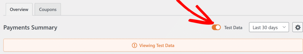 Payments Summary header with an orange Test Data toggle, Last 30 days selector, gear icon, and a 'Viewing Test Data' warning banner.