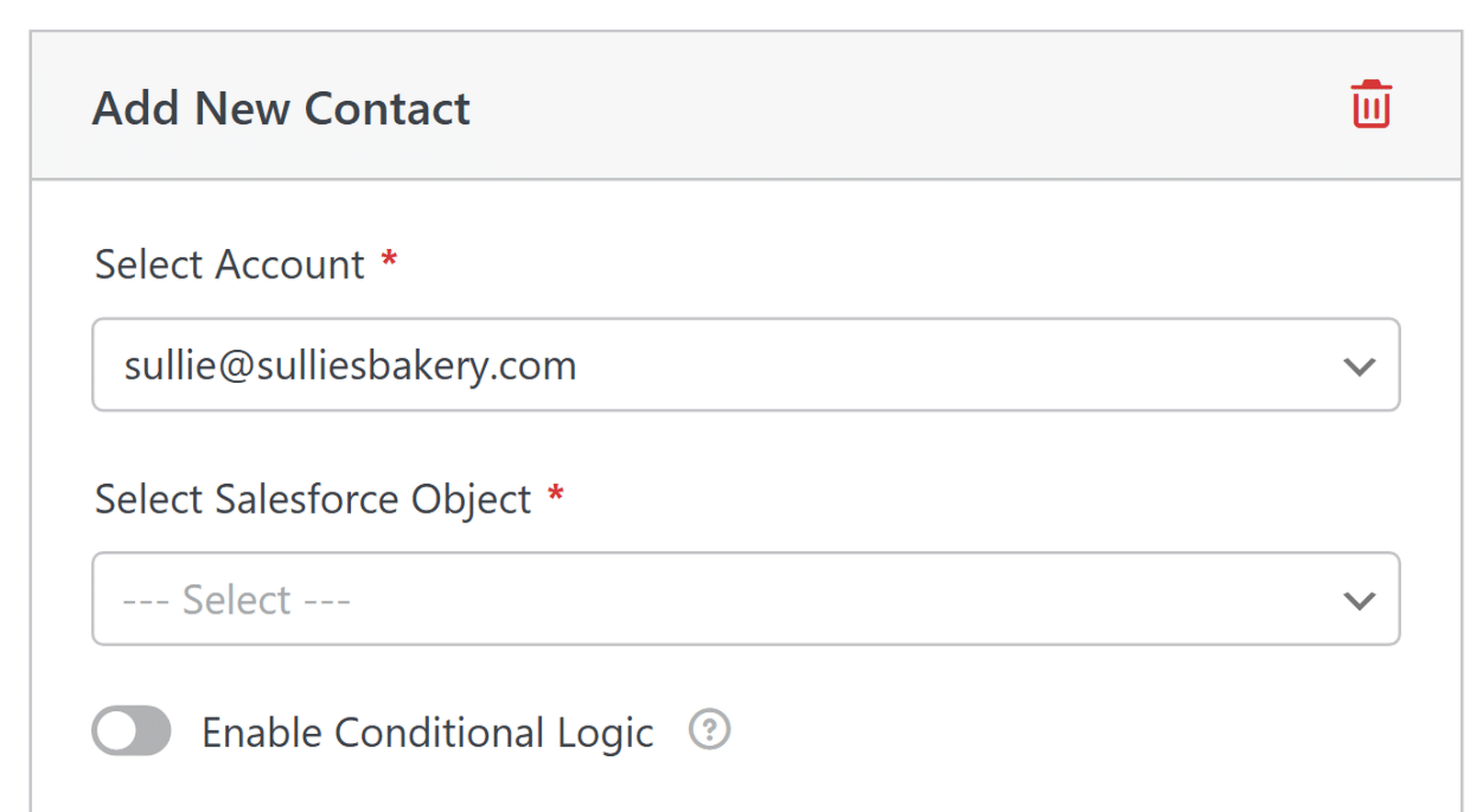 Seleccionar una cuenta de Salesforce para una nueva conexión en el constructor de formularios
